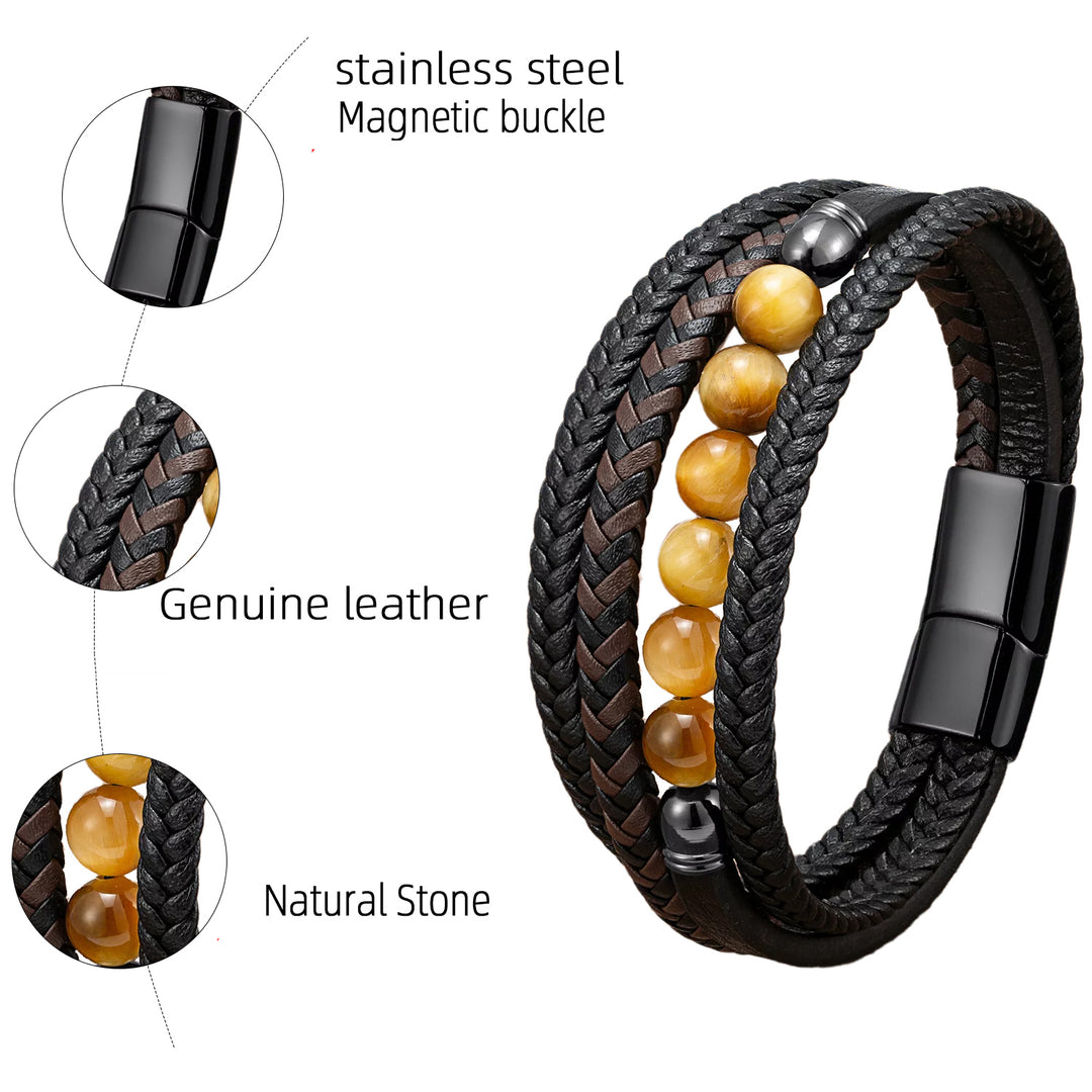 EFFENTII Tigers Eye Multilayer Woven Leather Bracelet for Men
