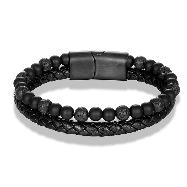 Dual Band Tiger's Eye Men's Leather Bracelet-Bracelets-EFFENTII