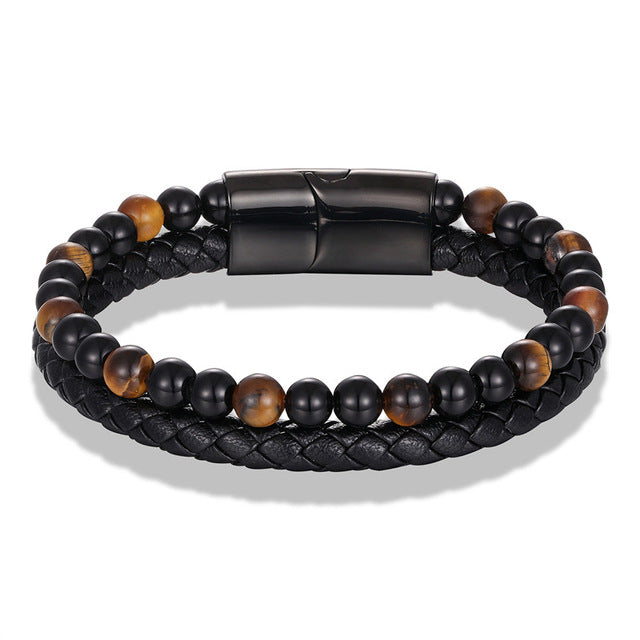 Dual Band Tiger's Eye Men's Leather Bracelet-Bracelets-EFFENTII